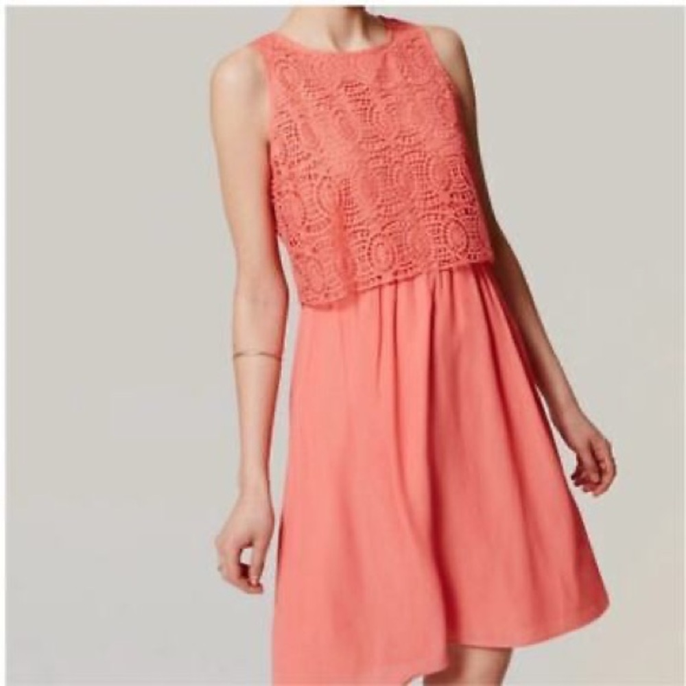 LOFT Chiffon Sleeveless Mini Shift Dress Crochet Lace Overlay Coral Size 6 NWT